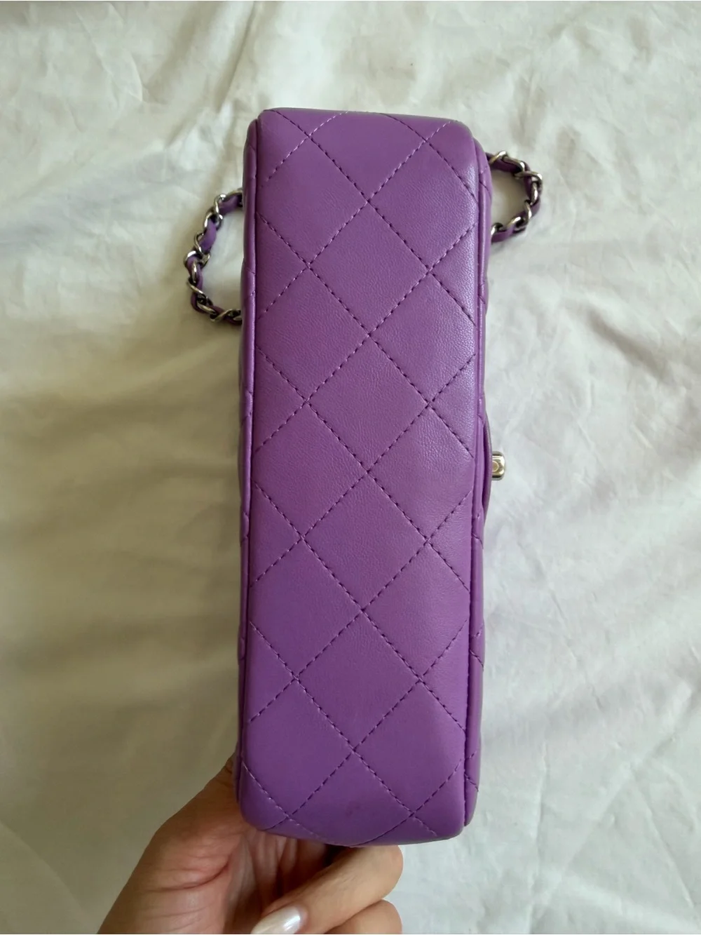 CHANEL Mini Quilted Lambskin Shoulder Bag in Lilac Purple with Silver Hardware